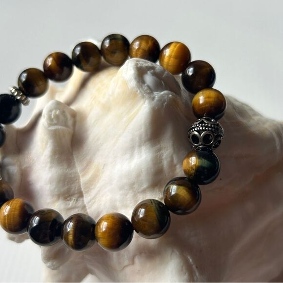 Yellow and navy Tiger Eye Beaded Bracelet 10mm sterling silver 17-19cm wrist - Picture 3 of 7